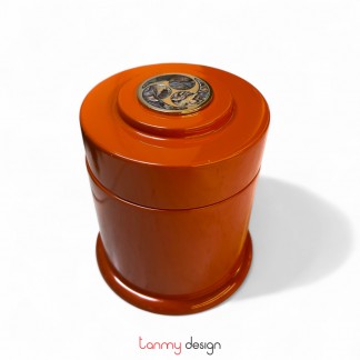 Orange round tea box with mother of pearl inlaid on lid 12x12x13 cm